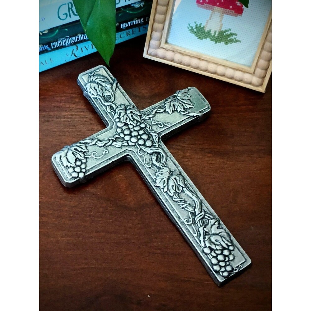 Vintage Pewter Grape Vine Cross Wall Plaque Repousse Raised Design Hanging 9.5"